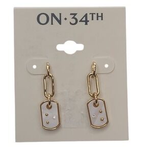 ON 34TH Gold Tone Mother of Pearl Dog Tag Dangle Earrings with Crystal Accents